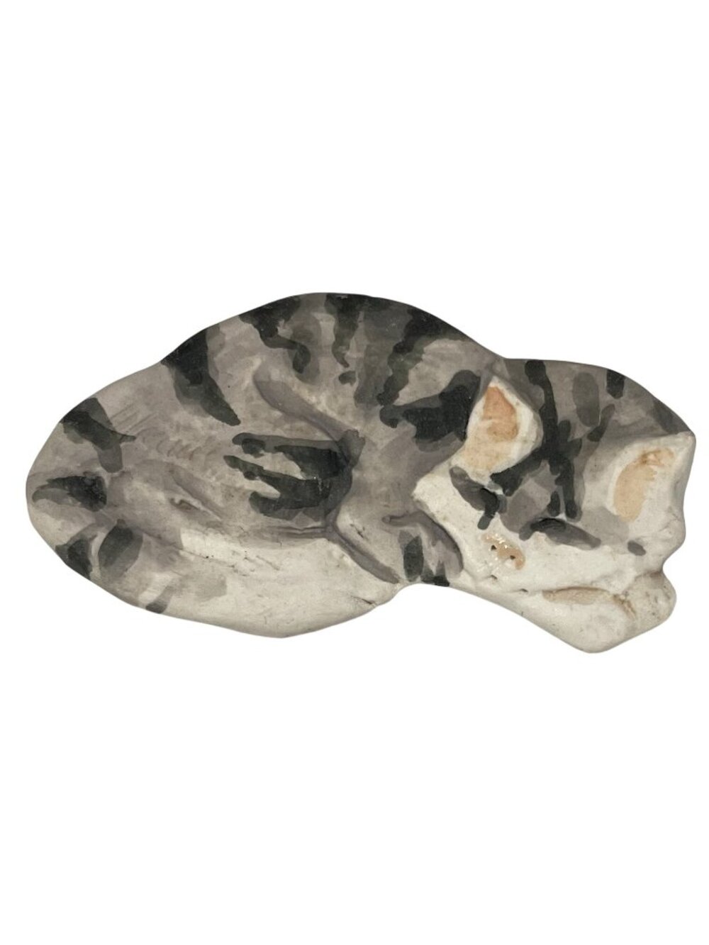 Vtg Hand Painted Sleeping Tabby Cat Porcelain Pin Brooch Gray Black White 90s